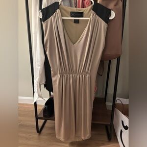 Kardashian Kollection Taupe Dress with Black Shoulder Panels